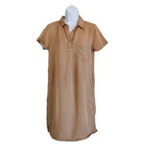 Gap Short Sleeve Utility Shirt Drape Dress XS Tan Collared Popover Pockets